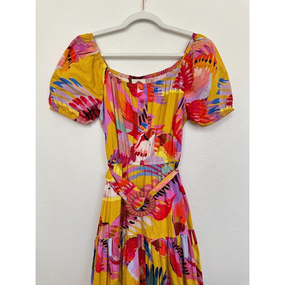 Farm Rio by Anthropologie Neon Macaws Puff Sleeve Maxi Dress Tiered Women Small - Picture 4 of 11